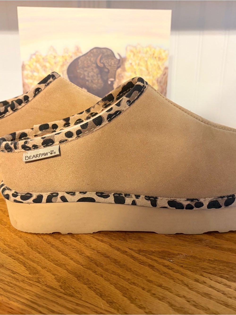BearPaw Women's Tan Suede Slip-On Mules with Leopard Trim